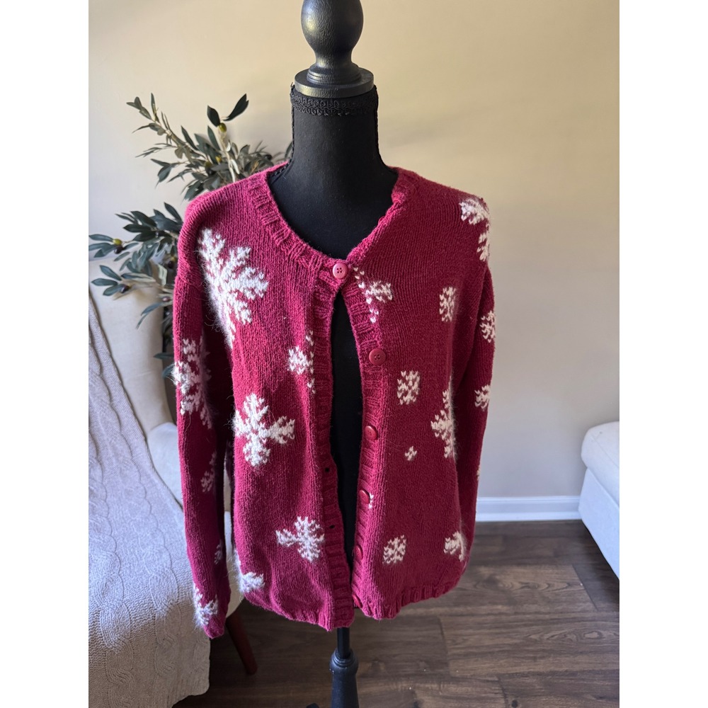 Eddie Bauer Vintage Snowflake Cardigan Sweater Burgundy Red Ramie Angora Blend M